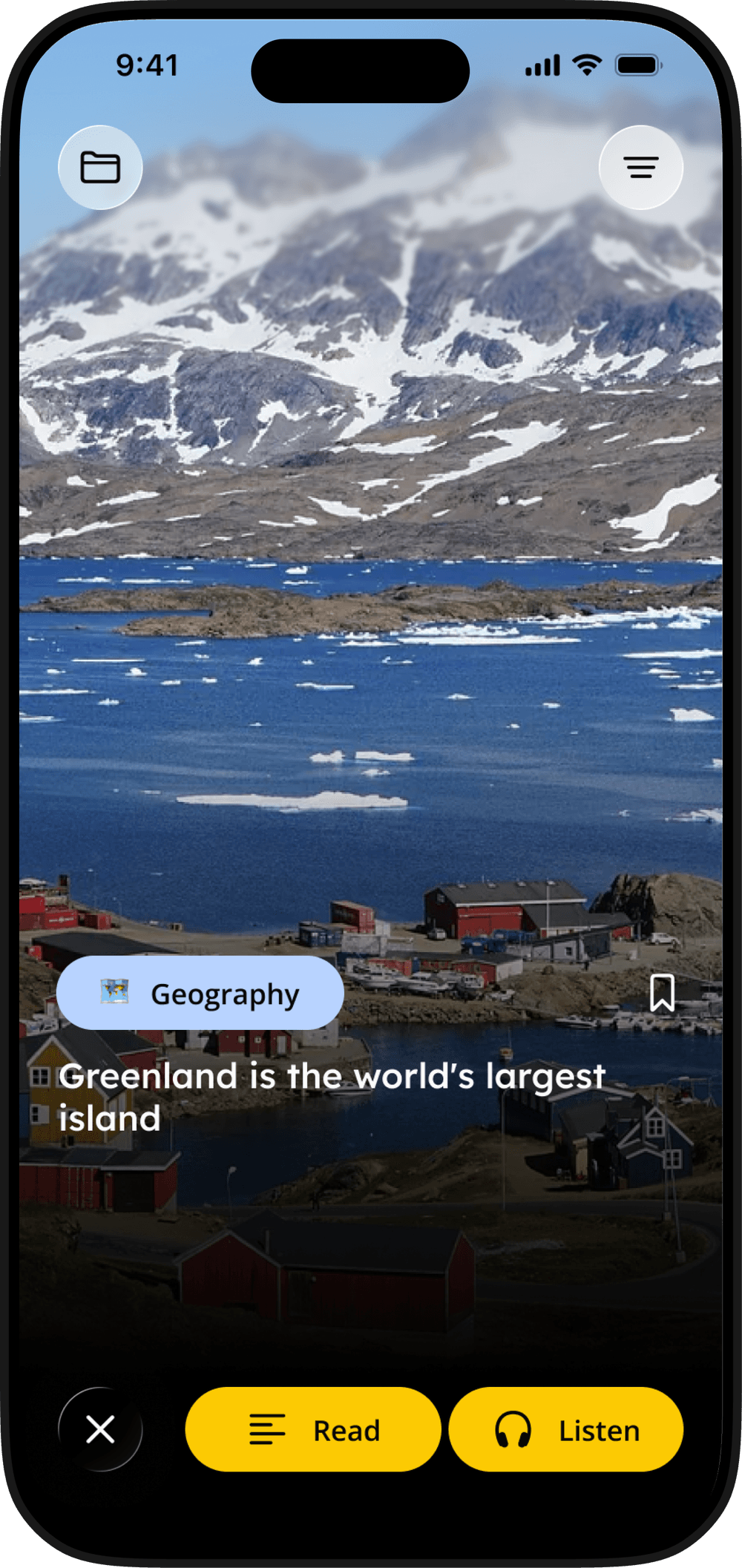 GenK app screen: a Geography learning, “Greenland is the world’s largest island”, with Read and Listen buttons