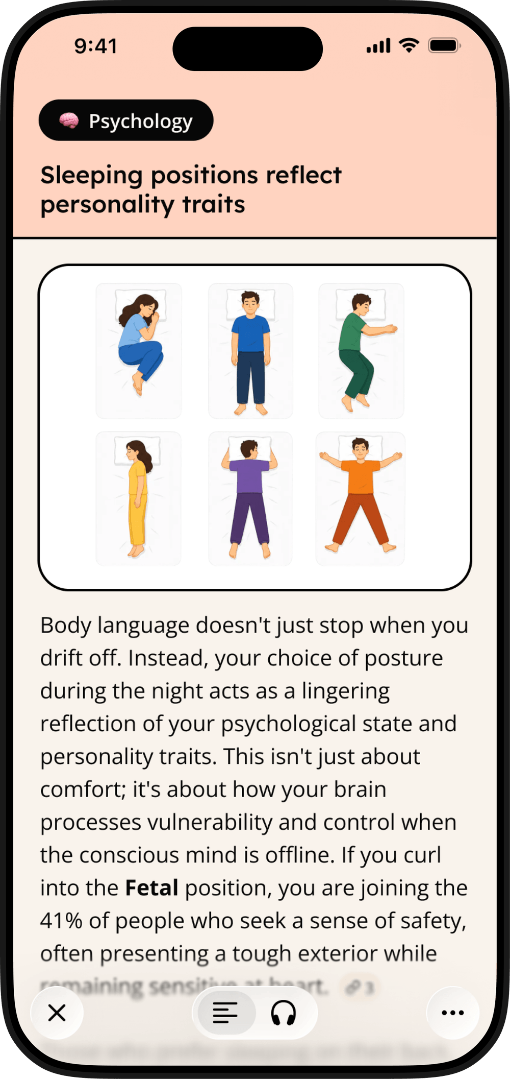 GenK app screen: a Psychology learning, “Sleeping positions reflect personality traits”, illustrated with six sleeping positions