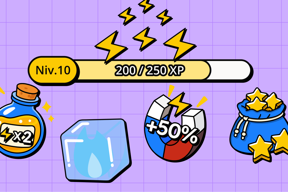 Barre de progression niveau 10 à 200/250 XP, avec des bonus : une potion XP x2, un glaçon qui protège la streak, un aimant +50 % d’XP et un sac d’étoiles
